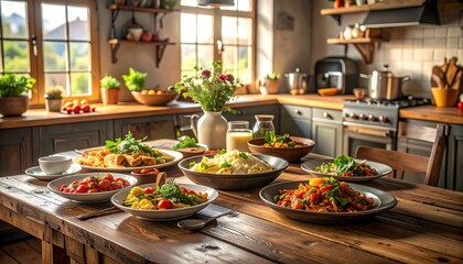 A rustic wooden table is laden with various dishes in a sunlit kitchen, creating a warm, inviting dining scene