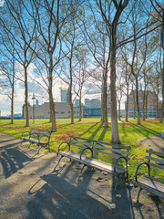 Empty benches in a park in Hoboken, New Jersey