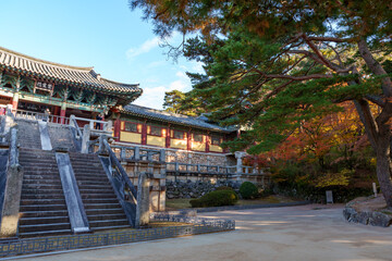 Naklejka premium Autumn scenery of Bulguksa Temple in Gyeongju, Korea, with its beautiful red maple trees.
