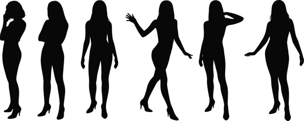 Silhouette women standing, fashion pose, long hair, high heels, elegant gesture, black vector, stylish posture, female form, isolated design
