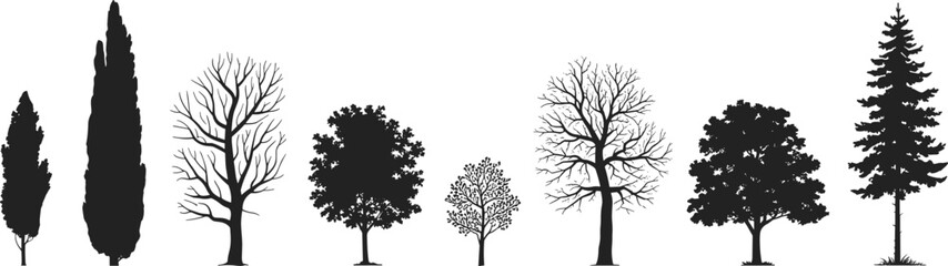 Obraz premium Silhouette tree set, diverse foliage, coniferous, deciduous, bare branches, botanical shapes, black vector, nature design, forest elements, isolated