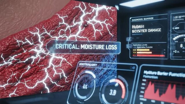 Scientific Skin Barrier Moisture Loss Visualization Detailed Cellular Depiction with Futuristic Interface Data Analysis