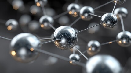A network of metallic spheres interconnected by thin, flexible wires, set against a dark, blurred background with a few scattered lights.