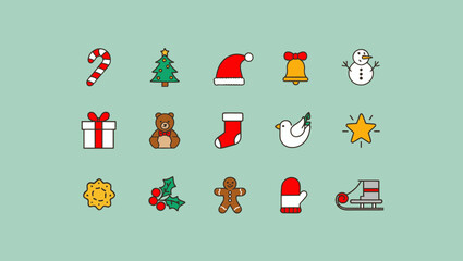 Naklejka premium Collection of christmas icons including a candy cane, tree, and snowman