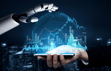A close-up view of a futuristic robot hand reaching for a glowing globe, illustrating the intersection of technology and finance, in a modern business landscape. Scalp