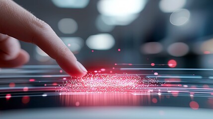 A human finger interacts with a digital stream of light particles and streaks, symbolizing data transfer or technological engagement.