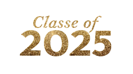 Golden glitter class of 2025 graduation typography with sparkling bold numbers and elegant celebratory lettering style isolated on white background