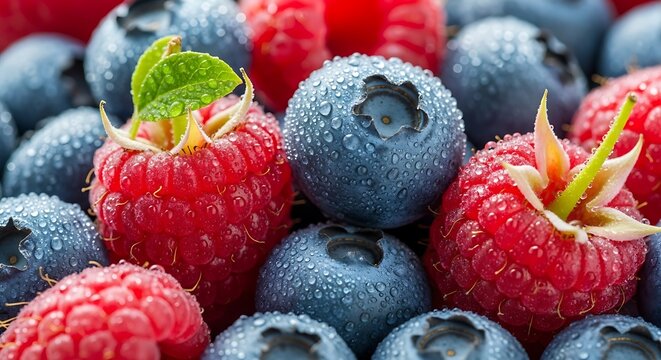 Close up of fresh blueberries and raspberries with water droplets.
