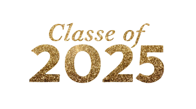 Golden glitter class of 2025 graduation typography with sparkling bold numbers and elegant celebratory lettering style isolated on white background