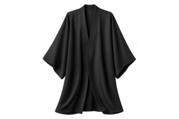 Black kimono robe for women, traditional japanese clothing, long sleeve soft garment, fashion apparel on transparent background