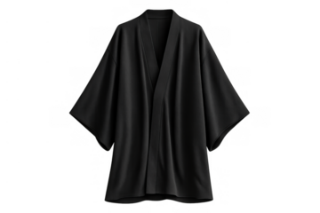 Black v-neck wide sleeve kimono style jacket mockup with flowing fabric, minimalist clothing design on transparent background