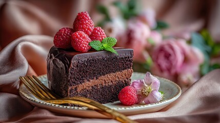 Elegant Slice of Double-Layer Dark Chocolate Cake with Rich Filling