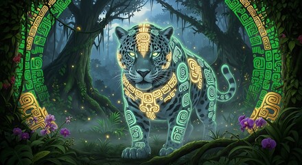Fototapeta premium Mystical jaguar with glowing ancient tribal patterns emerges from a lush, dark jungle, surrounded by Mayan-inspired symbols, embodying ancient legends and spiritual power.