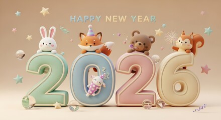 Cute 3d animals celebrate happy new year 2026 with pastel numbers and stars