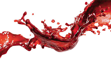 Vibrant glossy red liquid splash forming dynamic flowing shapes with energetic droplets captured in high detail isolated on white background