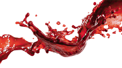 Vibrant glossy red liquid splash forming dynamic flowing shapes with energetic droplets captured in high detail isolated on white background
