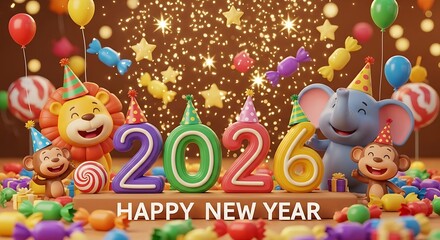 Happy new year 2026 celebration with cute cartoon animals, party decor.