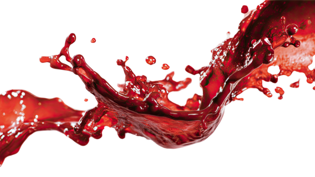 Vibrant glossy red liquid splash forming dynamic flowing shapes with energetic droplets captured in high detail isolated on white background
