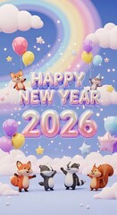 Obraz premium Happy new year 2026 celebration with cute cartoon animals and balloons
