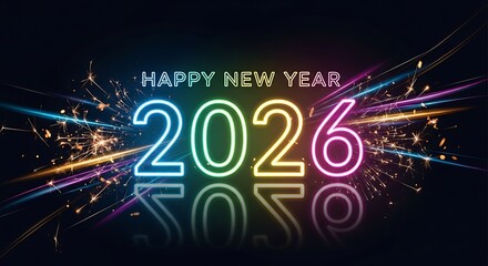 Happy new year 2026 celebration with colorful neon lights and fireworks