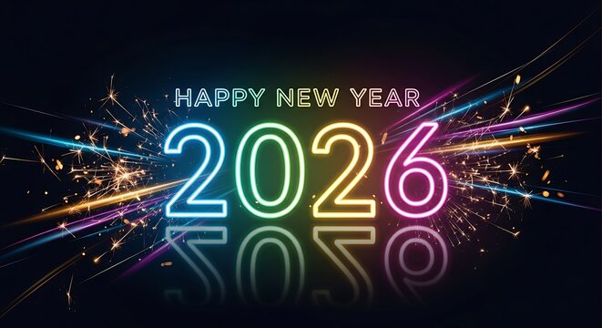 Happy new year 2026 celebration with colorful neon lights and fireworks