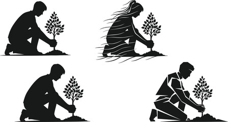 Silhouette people planting trees, nature care, environmental conservation, reforestation effort, green earth, eco action, save planet, climate awareness