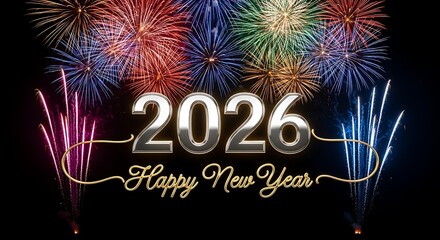 2026 new year celebration with vibrant fireworks display and festive text