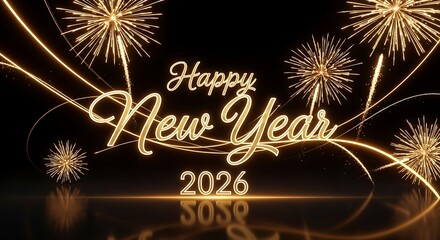 Happy new year 2026 celebration with golden fireworks and glowing text