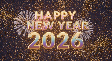 Happy new year 2026, festive backdrop with fireworks and golden glitter