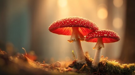 Two red and white mushrooms with spotted caps, growing on a mossy surface in a forest setting with a warm, golden light filtering through the trees.