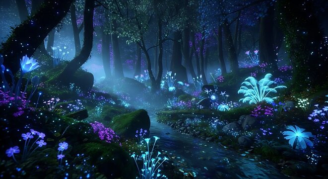 Ethereal fantasy forest at night, filled with glowing bioluminescent plants, purple flowers, and a misty stream, evoking a magical, mysterious, and tranquil natural world.