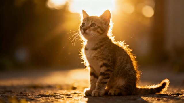 A tabby kitten sitting in golden sunlight, backlit with a soft glow, looking upward.