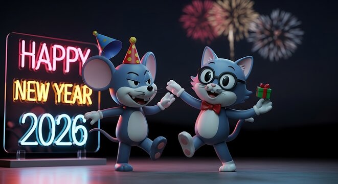 Cheerful cartoon mouse and cat celebrate new year 2026 with neon sign.