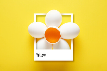 Raw chicken eggs on yellow background