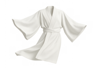 White kimono robe floating in air, elegant fashion clothing design, soft fabric, traditional garment concept