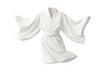 White spa bathrobe or kimono flying, offering comfort and leisure, isolated on transparent background