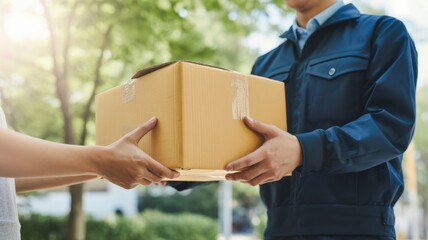 Delivery Exchange: A moment of seamless transaction unfolds as a courier hands over a package to a customer, representing the essence of efficient service and customer satisfaction.