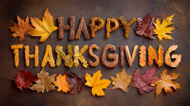 Happy Thanksgiving lettering made from autumn branches and leaves on a dark background. Rustic fall design, warm holiday greeting, seasonal nature theme