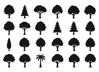 Collection of various tree silhouettes in black and white vector art