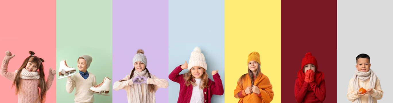 Collage of cute little children in winter clothes, with ice skates and tangerine on color background