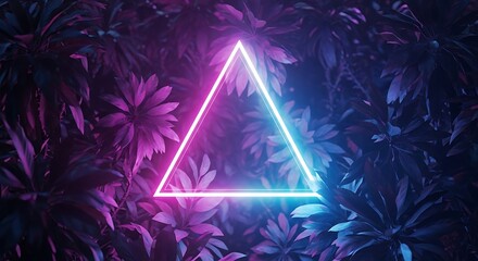 Abstract futuristic background featuring a glowing neon triangle frame surrounded by exotic tropical leaves in vibrant purple and blue light