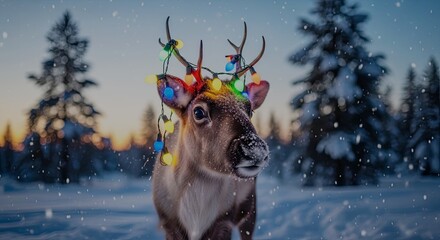 Reindeer with Christmas lights on its antlers.