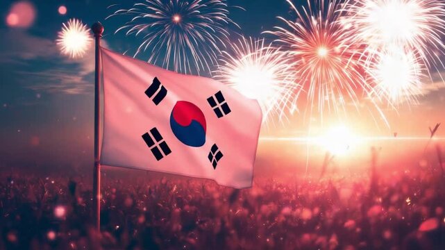 South Korean Flag Waving in Fireworks Celebration Crowd.