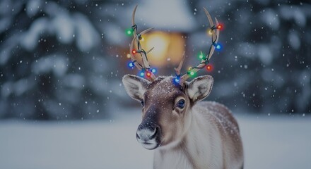 deer in the snow with Christmas lights on its antlers.