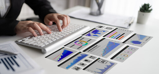 Data dashboards with graphs, charts, maps, and metrics representing global sales analysis and...