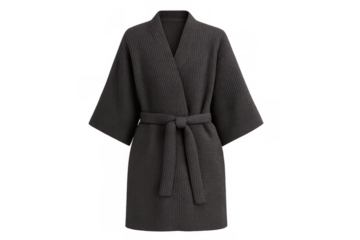 Gray waffle knit bathrobe, tied belt, short sleeves, ready for spa, relaxation, and comfortable loungewear