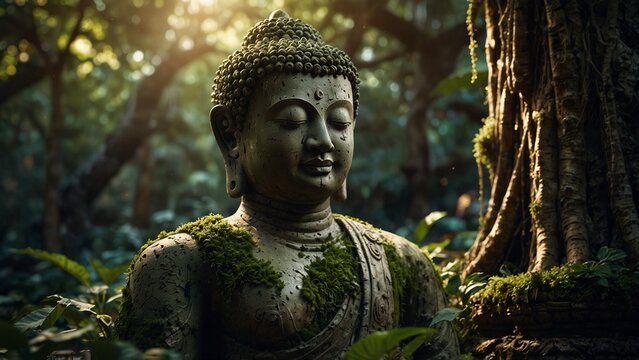 Khmer Buddha statue covered in moss sunl - Powered by Adobe