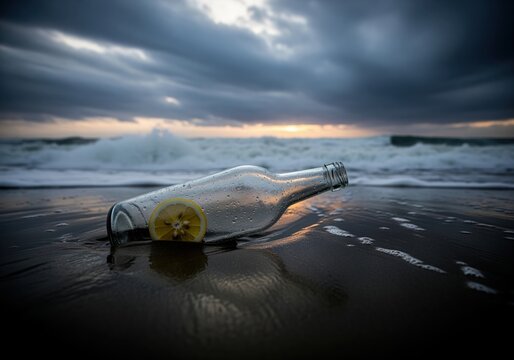 Dramatic scene of a glass bottle and lemon slice washed ashore on a dark beach during a stormy sunset