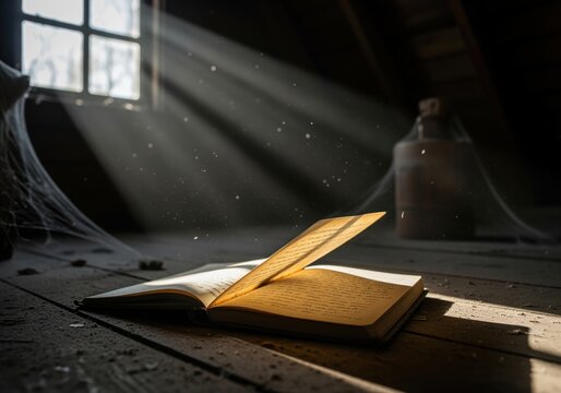 Dramatic sunlight beam illuminates an open vintage book in a dusty attic