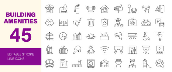 Building amenities icon set. Editable line icons. Vector illustration.